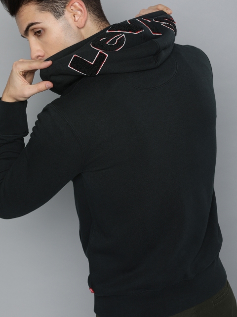

Levis Men Black Solid Hooded Sweatshirt with Applique Detailing