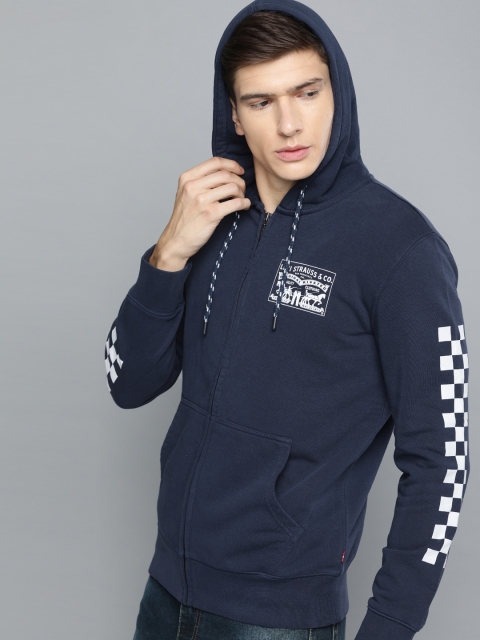 

Levis Men Navy Blue Solid Hooded Sweatshirt with Printed Detail