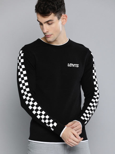 

Levis Men Black & White Solid Pullover Sweater with Printed Sleeves