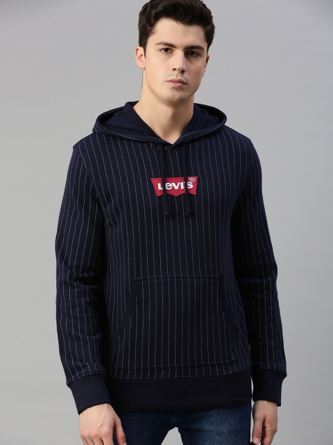 

Levis Men Navy Blue & White Striped Hooded Sweatshirt