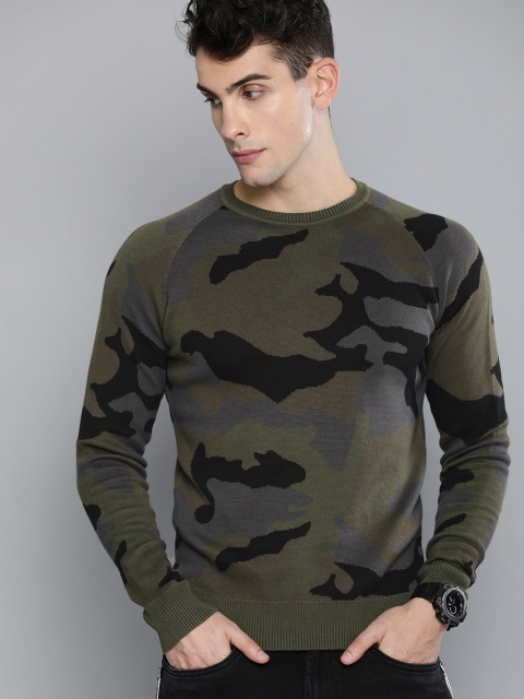 

Levis Men Olive Green & Black Camouflage Printed Pullover Sweater