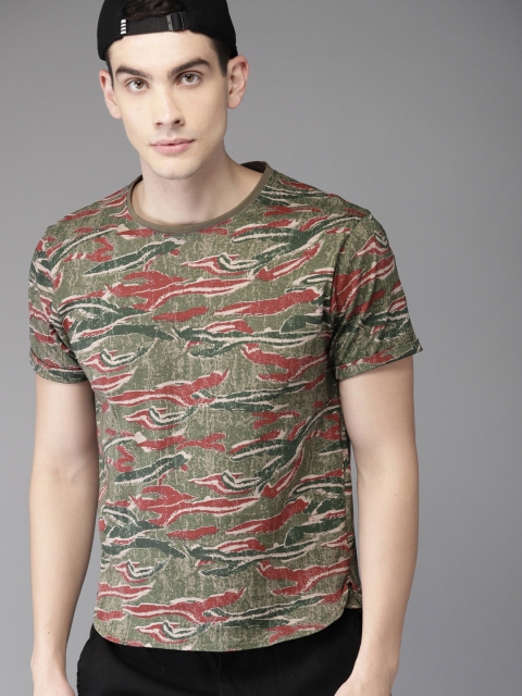 

Moda Rapido Men Olive Green & Red Printed Round Neck T-shirt