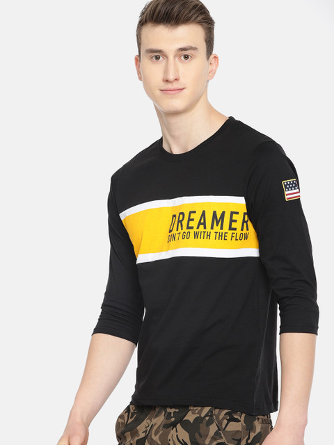 

Moda Rapido Men Black Yellow Printed Round Neck Pure Cotton T-shirt