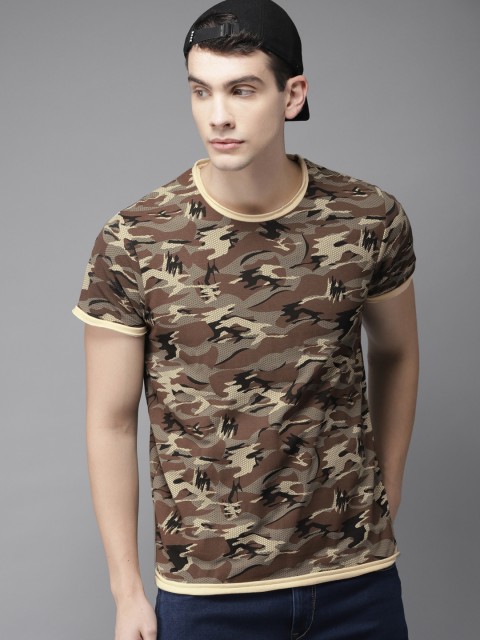 

Moda Rapido Men Olive Green & Brown Camouflage Print Round Neck T-shirt