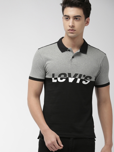 

Levis Men Grey Melange & Black Slim Fit Colourblocked Polo Collar T-shirt