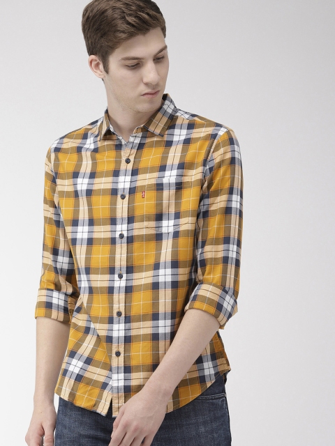 

Levis Men Mustard Yellow & Navy Blue Slim Fit Checked Casual Shirt