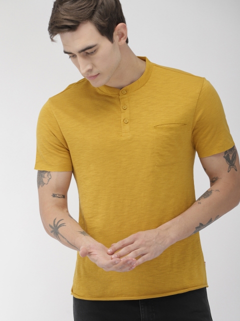 

Levis Men Mustard Yellow Solid Mandarin Collar T-shirt