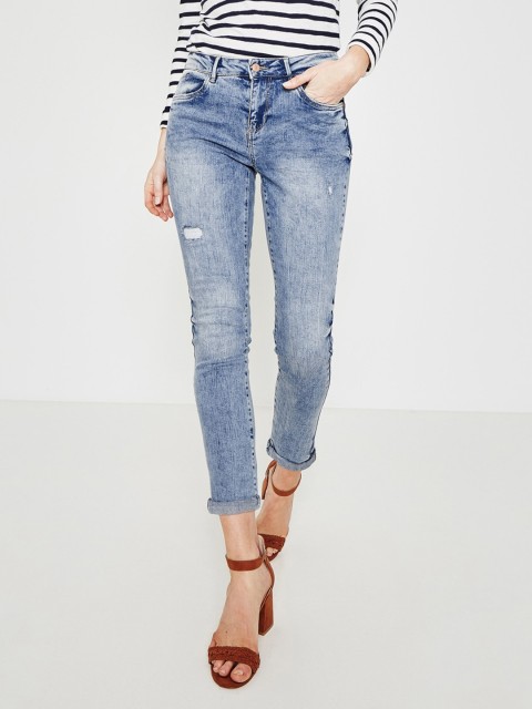 

promod Women Blue Boyfriend lucien Mid-Rise Low Distress Stretchable Jeans