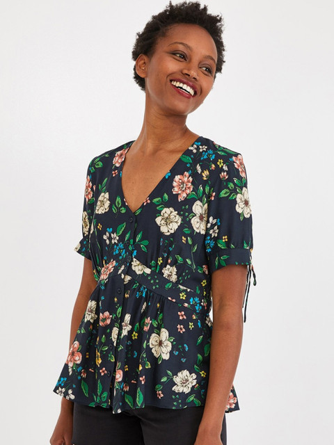 

promod Women Navy & Green Printed Regular Top, Navy blue