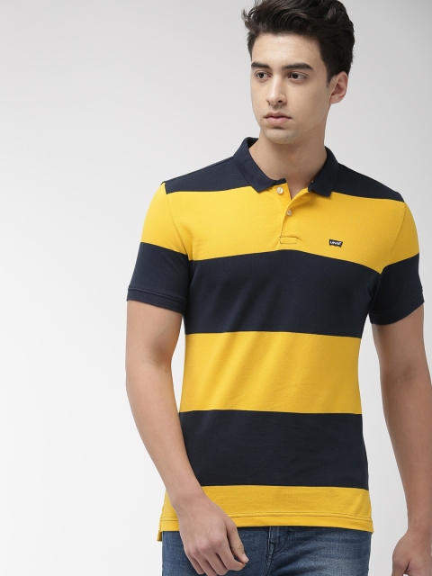 

Levis Men Yellow & Navy Blue Striped Slim Fit Polo Collar T-shirt