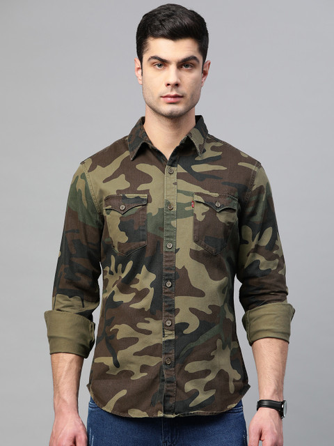 

Levis Men Olive Green & Brown Pure Cotton Camouflage Print Regular Fit Casual Shirt