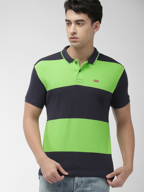 

Levis Men Green & Navy Blue Slim Fit Striped Polo Collar T-shirt