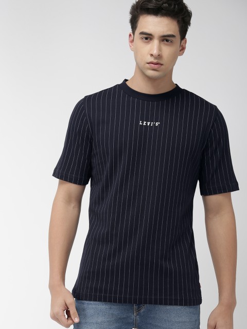 

Levis Men Navy Blue & White Striped Round Neck T-shirt
