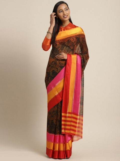

Shaily Brown & Pink Satin Patta Printed Saree