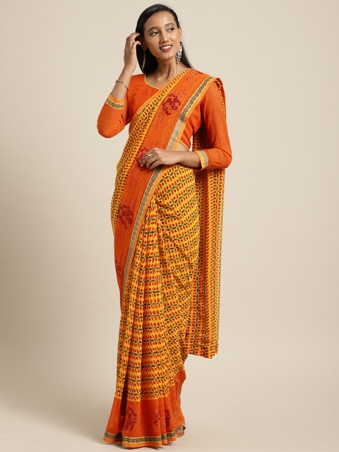 

Shaily Mustard Yellow & Orange Pure Georgette Printed Saree