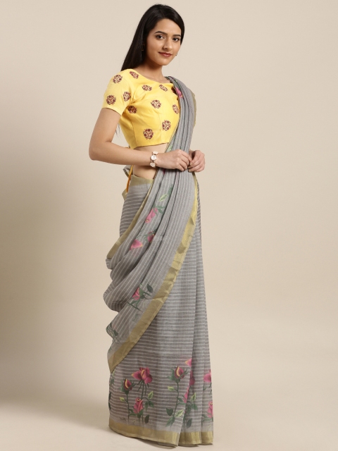 

Shaily Grey Striped Pure Linen Saree