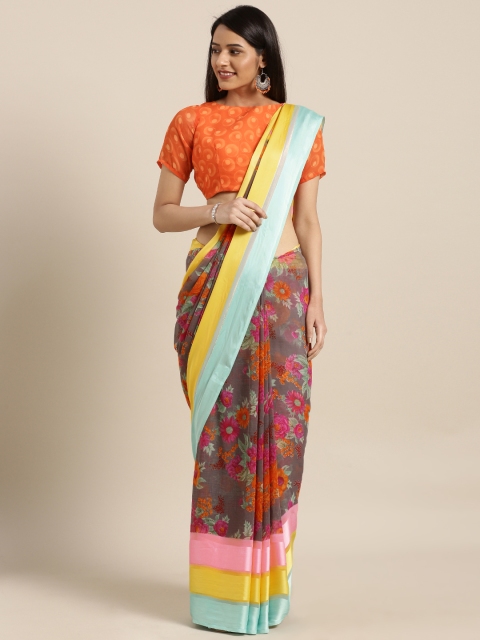

Shaily Grey & Pink Satin Printed Saree