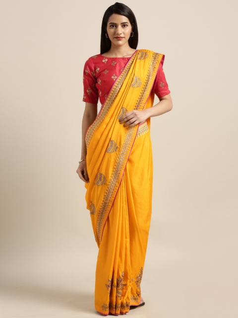 

Shaily Mustard Yellow Embroidered Satin Saree