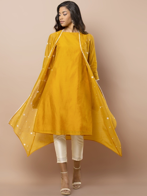 

INDYA Women Mustard Embroidered Kurta With Attached Kurta, Yellow