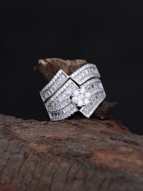 

ADORN by Nikita Ladiwala Set of 2 Sterling Silver-Toned CZ Stone-Studded Finger-Rings