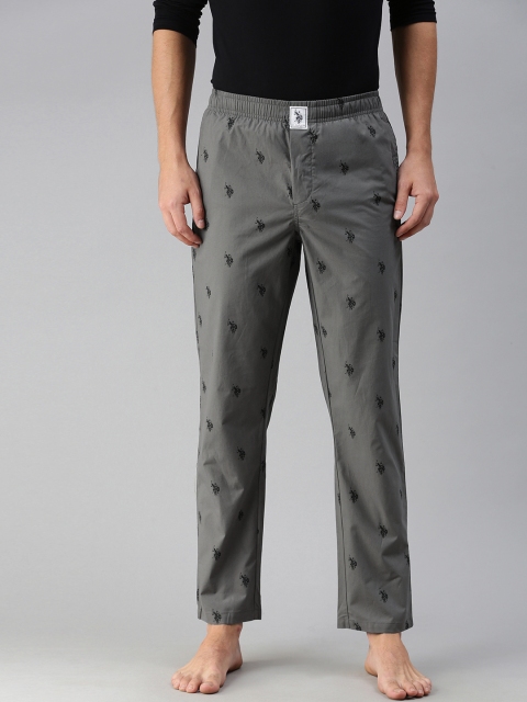 

U.S. Polo Assn. Men Grey & Black Printed Pure Cotton Lounge Pants