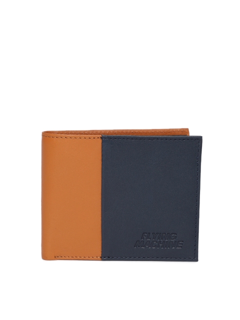 

Flying Machine Men Tan Brown & Navy Blue Colourblocked Leather Two Fold Wallet
