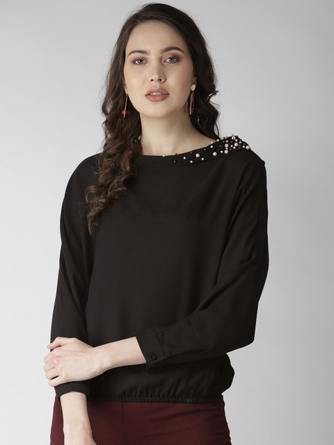 

QUIERO Women Black Solid Blouson Top