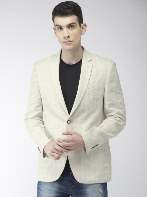 

Park Avenue Men Beige & White Checked Linen Super Slim Fit Single Breasted Casual Blazer