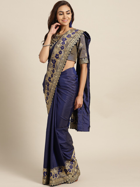 

MANOHARI Navy Blue & Golden Solid Saree
