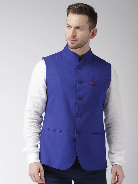

The Indian Garage Co Men Blue Solid Pure Cotton Nehru Jacket