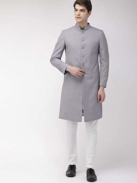 

The Indian Garage Co Men Grey & White Solid Sherwani Set