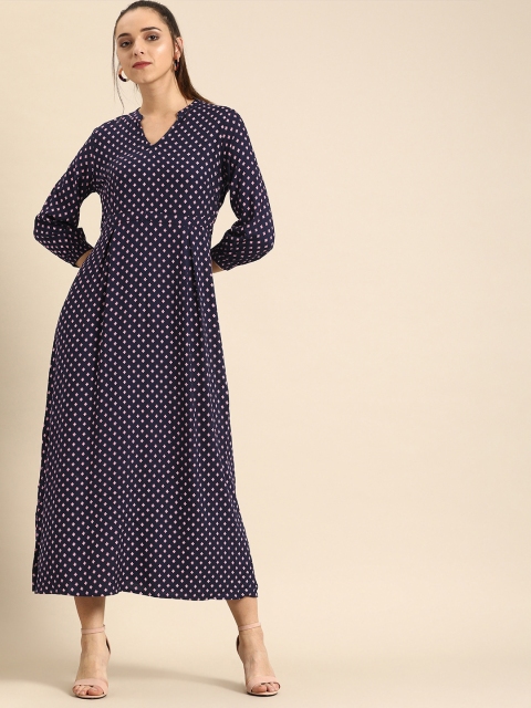 

DressBerry Women Navy Blue & Red Printed A-Line Midi Dress