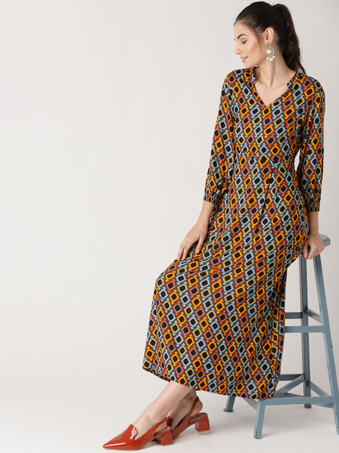

DressBerry Women Blue & Orange Printed A-Line Dress