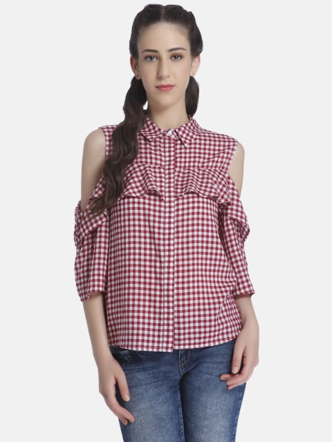 

ONLY Women Magenta & White Regular Fit Checked Casual Shirt