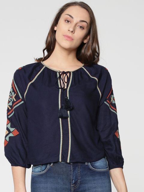 

ONLY Women Blue Solid Embroidered Top, Navy blue