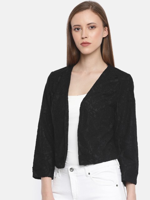 

ONLY Women Black Self Design Lace Open Front Casual Pure Cotton Blazer