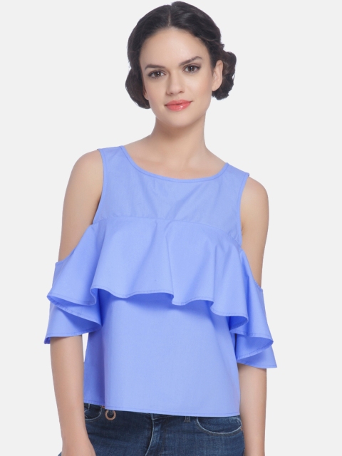 

ONLY Women Blue Solid Ruffled Cold Shoulder Pure Cotton Top