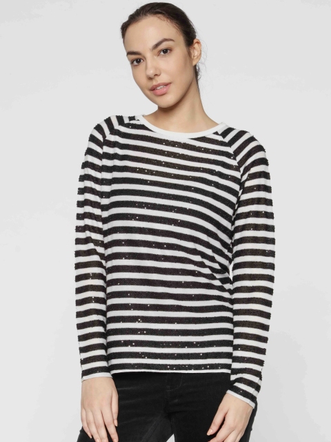 

ONLY Women Black & White Sequinned Striped Regular Top