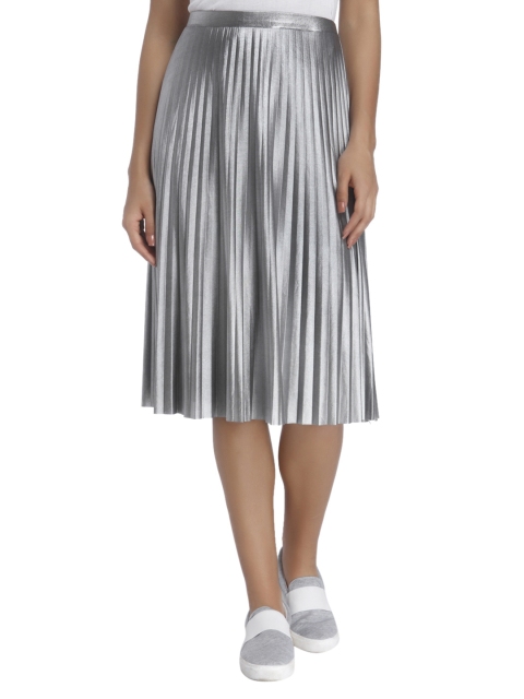 

ONLY Women Silver Solid Midi A-Line Skirt With Accordion Pleats