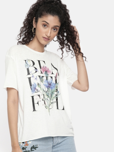 

ONLY Women White Printed Round Neck T-shirt