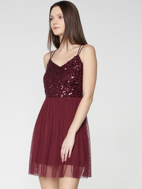 

ONLY Women Burgundy Sequinned Fit and Flare Dress