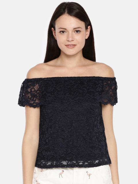 

ONLY Women Navy Blue Solid Bardot Lace Top