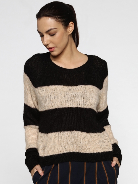 

ONLY Women Black & Cream-Coloured Striped Sweater