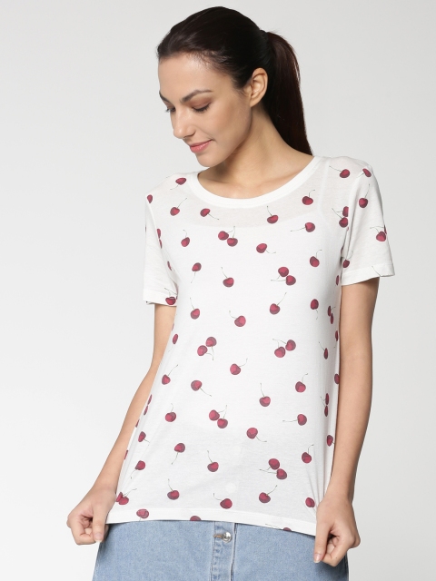 

ONLY Women White & Maroon Printed Round Neck T-shirt