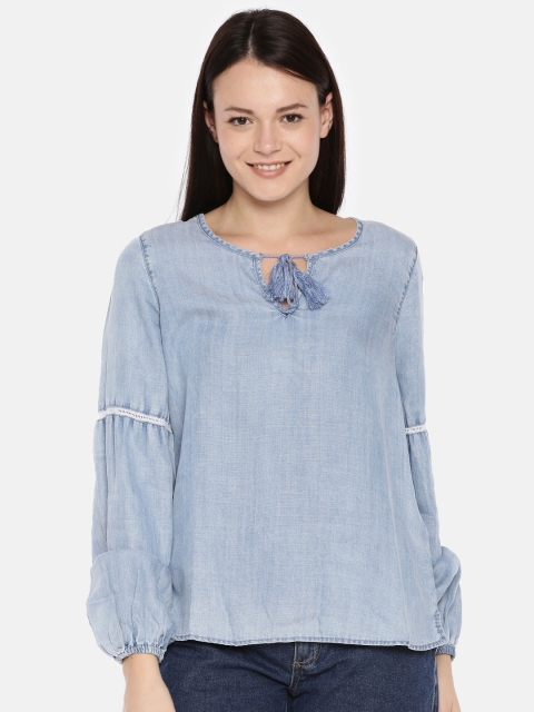 

ONLY Women Blue Solid Tie-Up Neck Chambray Top