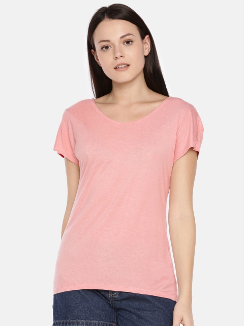 

ONLY Women Pink Solid Round Neck Styled Back T-shirt