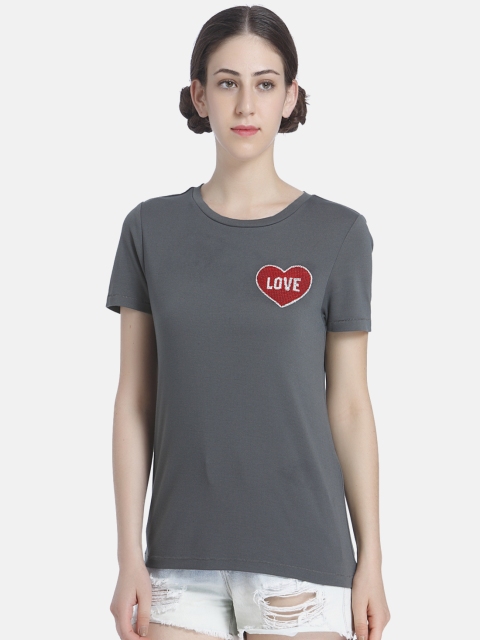 

ONLY Women Grey Solid Round Neck T-shirt