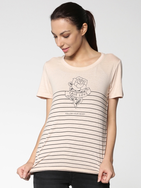

ONLY Women Peach-Coloured & Black Striped Round Neck T-shirt