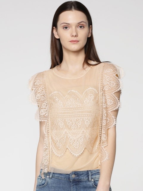 

ONLY Women Cream-Coloured Self Design Lace Sheer Top