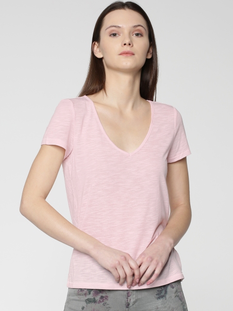 

ONLY Women Pink Solid V-Neck T-shirt